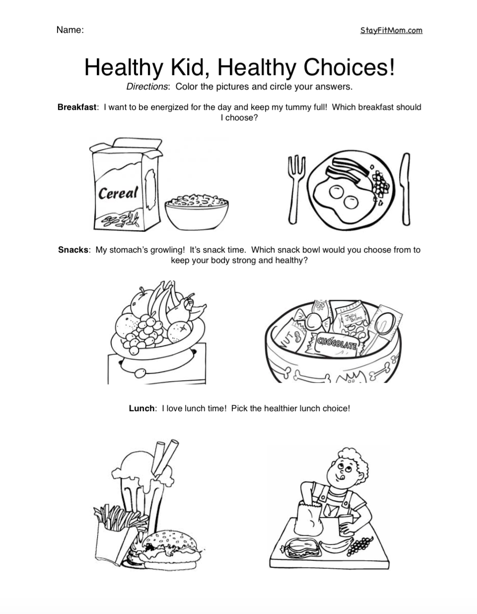 Fun coloring page used to encourage kids to make healthy choices!