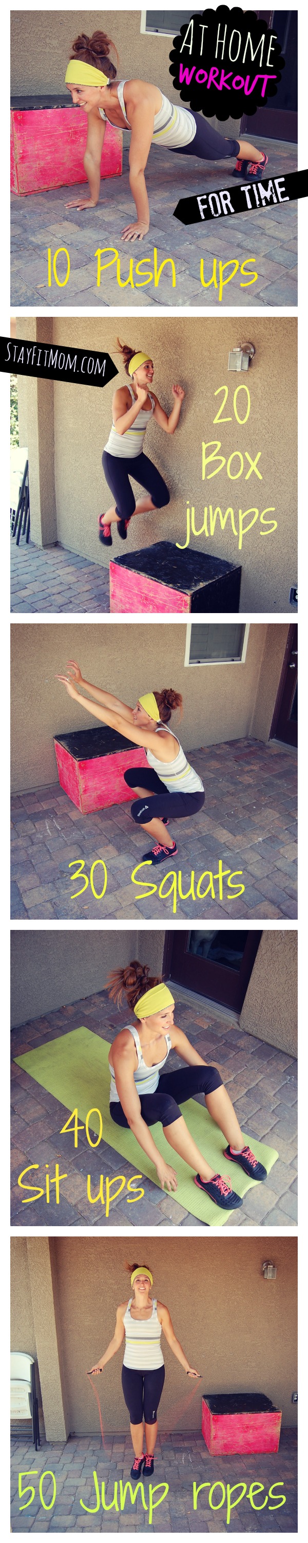 This is at home workout from stayfitmom.com will get your heart rate up and will leave you burning fat all day long.