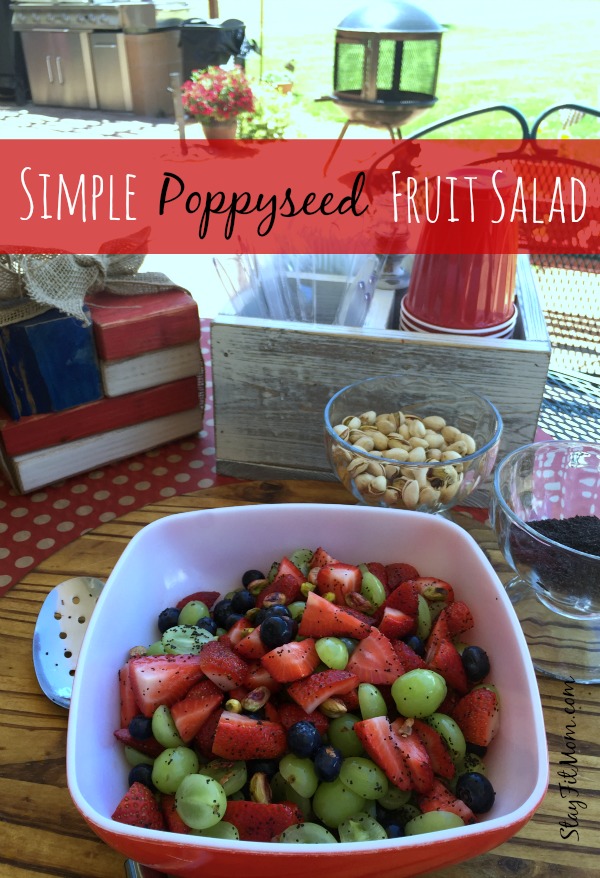 Healthy fruit salad with pistachios and sweetened with stevia. This is my new favorite dish to bring to BBQ's!