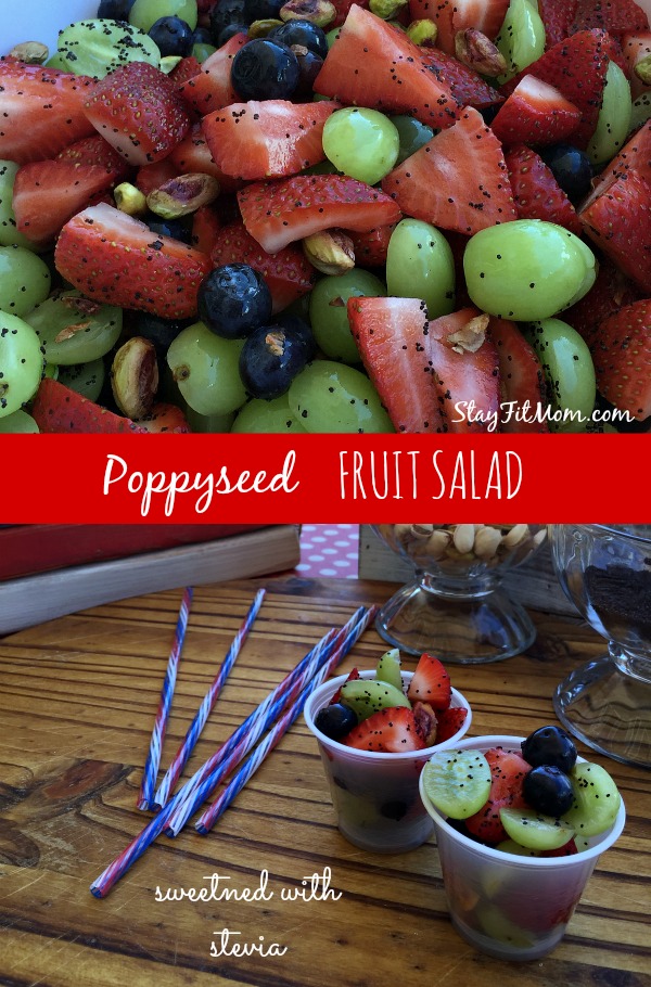 Healthy fruit salad with pistachios and sweetened with stevia. This is great for BBQ's!