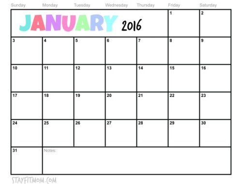 Free January 2016 Printable Calendar. Check off each day you eat healthy or exercise!