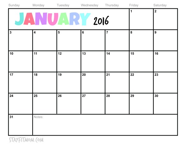 Free January 2016 Printable Calendar. Check off each day you eat healthy or exercise!