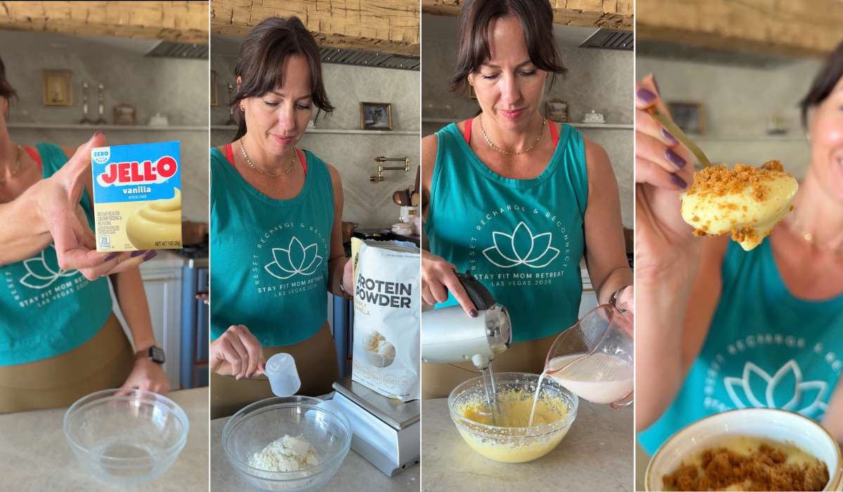 steps for making protein pudding. Holding jell-o, adding protein, mixing in milk, finished scoop of pudding