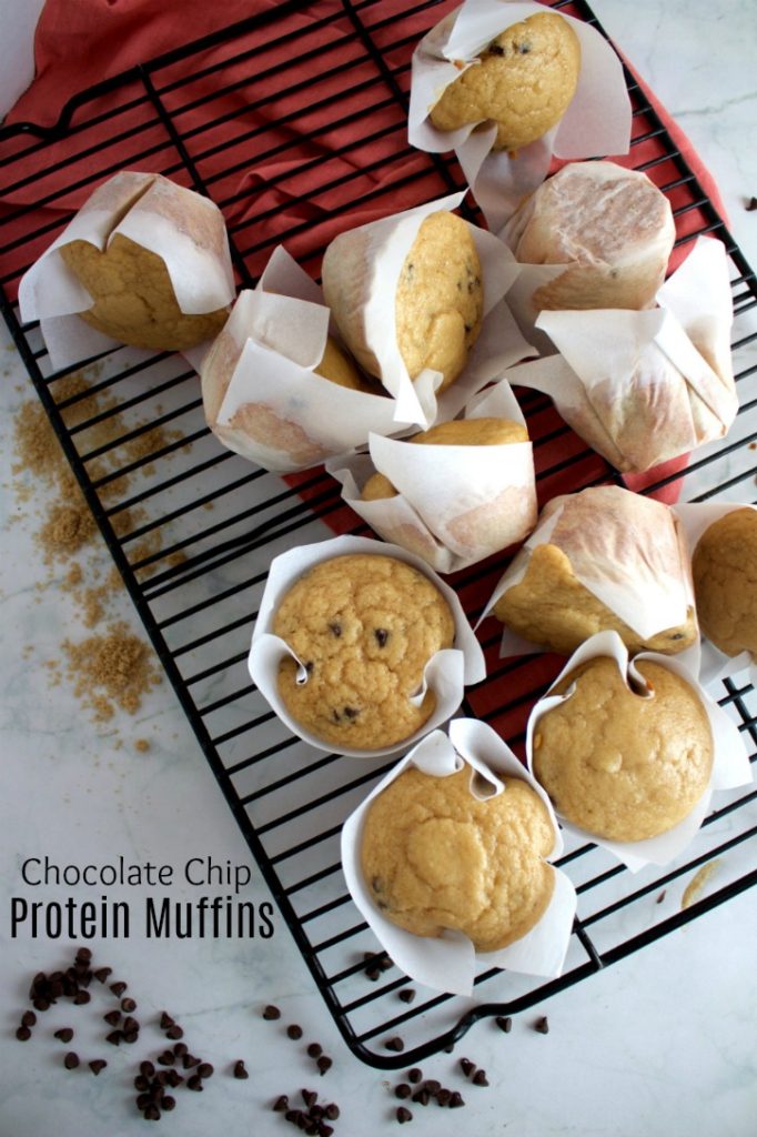 High protein, low fat chocolate chip protein muffins. Great macros! 8p/19c/2f each! #stayfitmom #breakfastrecipe #proteinrecipe #macrofriendly
