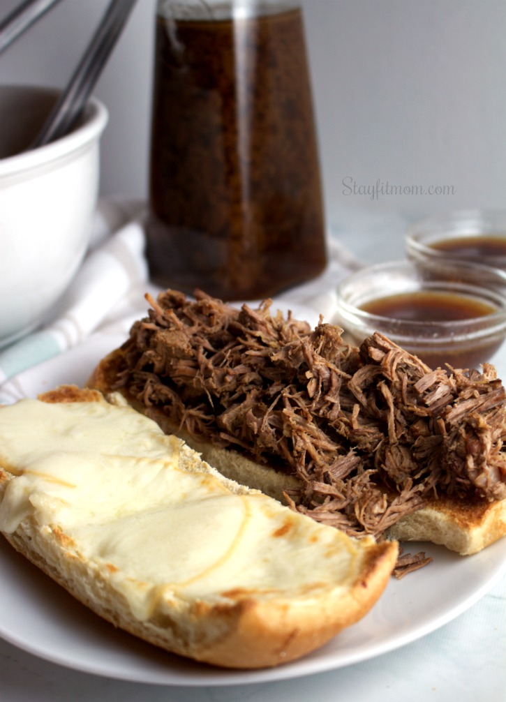 Tender, juicy, macro friendly French dip sandwiches in the Instant Pot or slow cooker. #stayfitmom #frenchdip #roastbeef #macrofriendly #easyrecipe