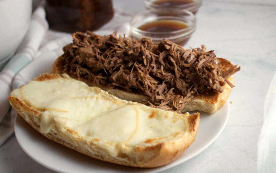 Tender, juicy, macro friendly French dip sandwiches in the Instant Pot or slow cooker. #stayfitmom #frenchdip #roastbeef #macrofriendly #easyrecipe