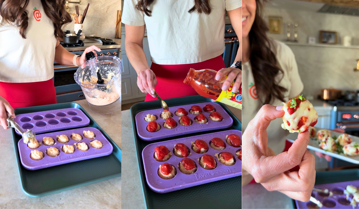Step-by-step process of making bite-size chicken parmesan muffins using a mini muffin tin, including scooping the chicken mixture, topping with marinara sauce, and holding a finished cheesy chicken parmesan bite.