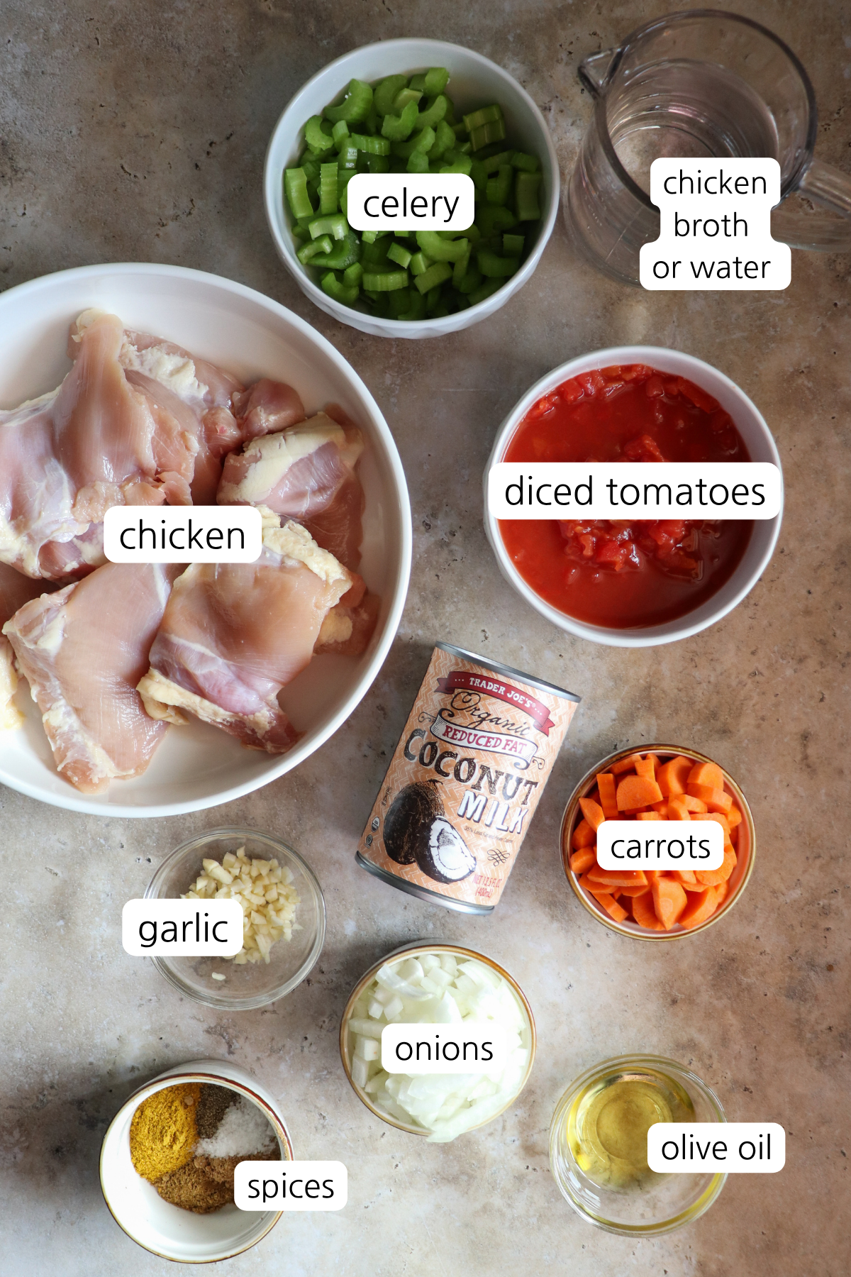 Ingredients for Stay Fit Mom Coconut Chicken Curry in bowls.