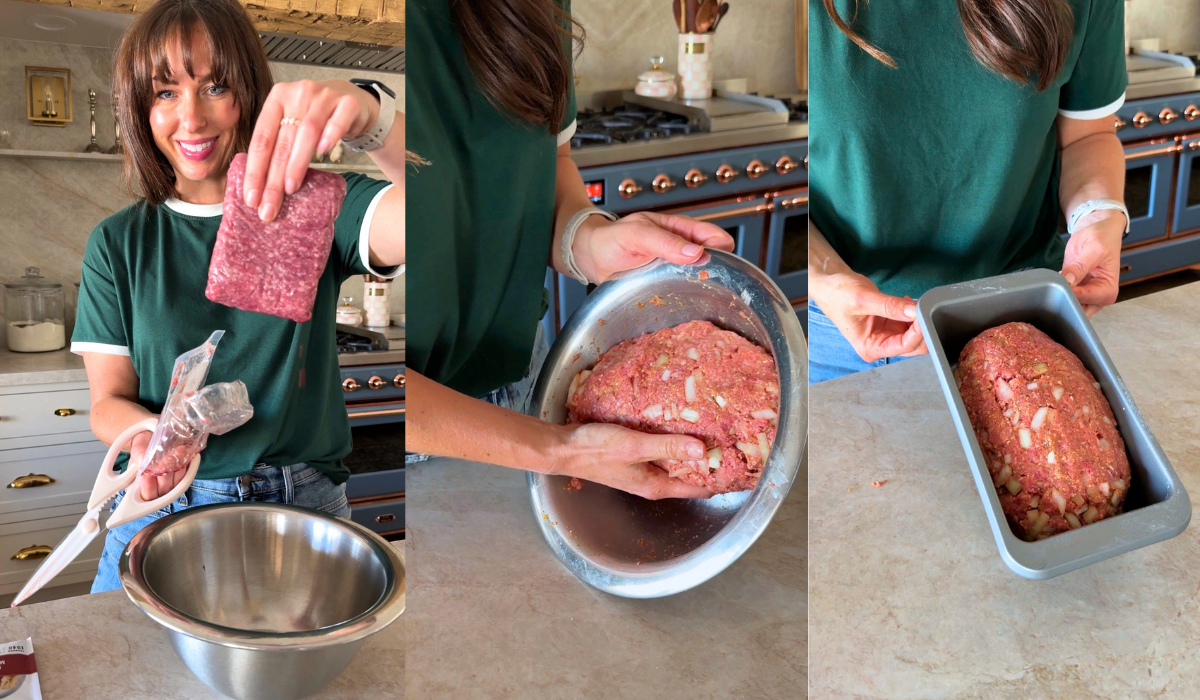 showing how to make meatloaf with steps. beef, beef in bow, beef in loaf pan.