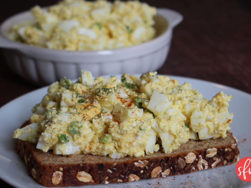 This high protein, macro friendly egg salad is great on a sandwich. #stayfitmom #eggsalad #macrofriendly #easyrecipe