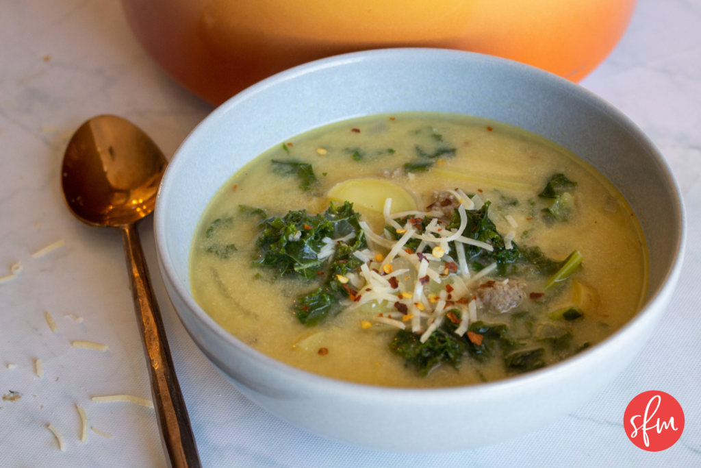 Macro Friendly Zuppa Toscana recipe #stayfitmom #macrofriendlyrecipe #highprotein #soup