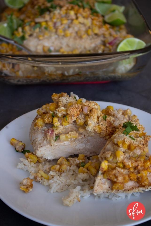 We're obsessed with this Mexican street corn casserole! #Highproteinrecipe #casserole #chickencasserole