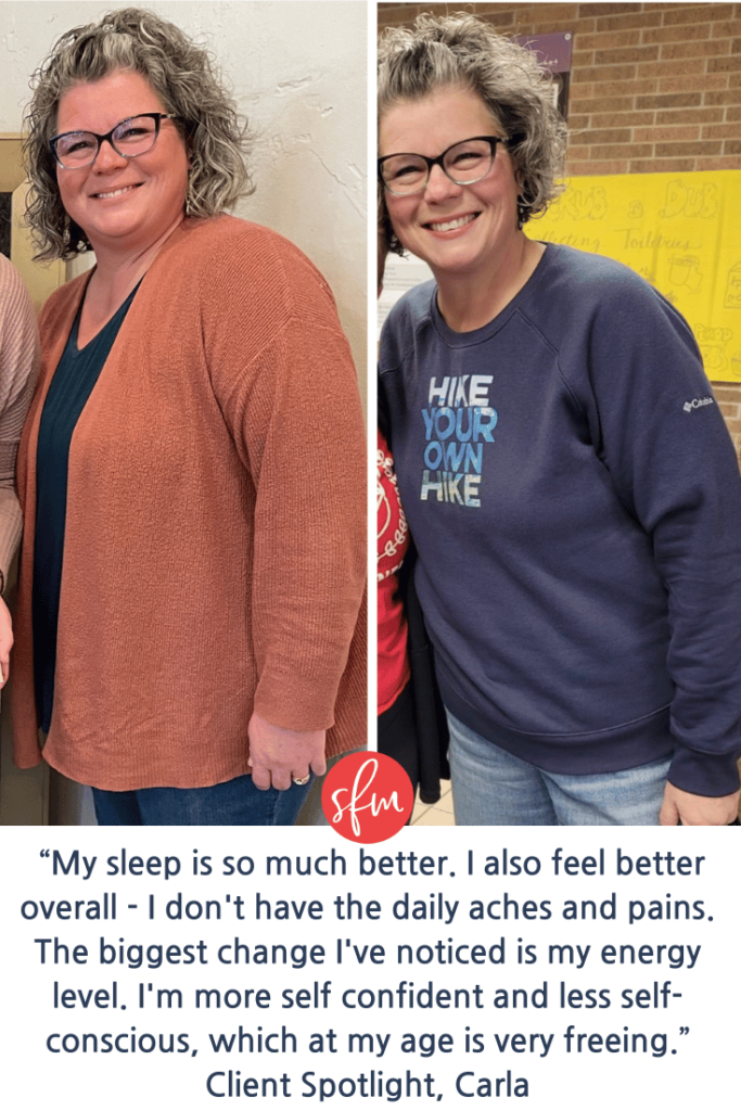 Client testimonial and transformation (before/after) photo.