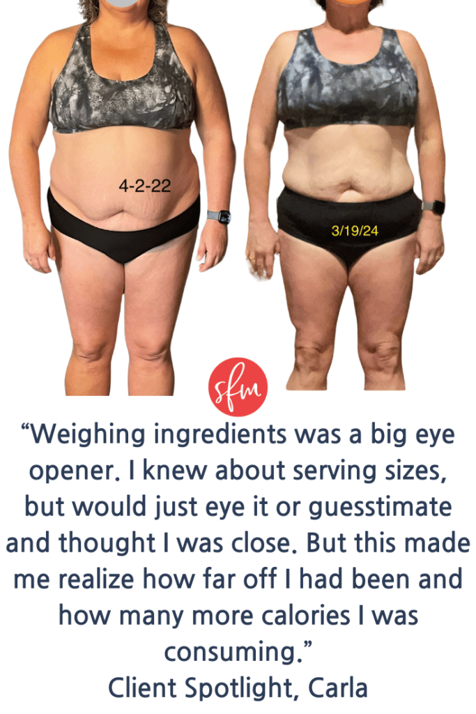 Client testimonial and transformation (before/after) photo.