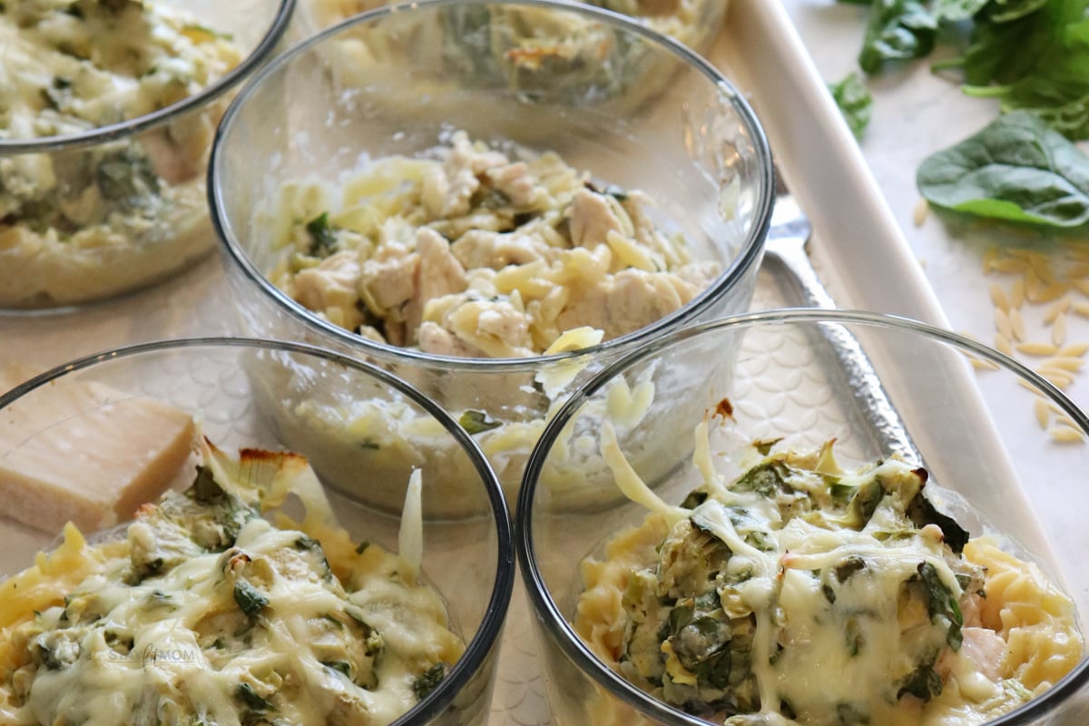 Spinach Artichoke Chicken Orzo Bakes