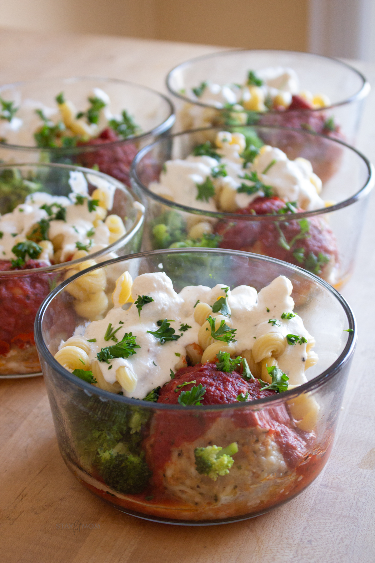 Chicken Parmesan Meatball Bowls with visible pasta, meatballs, marinara, and alfredo.