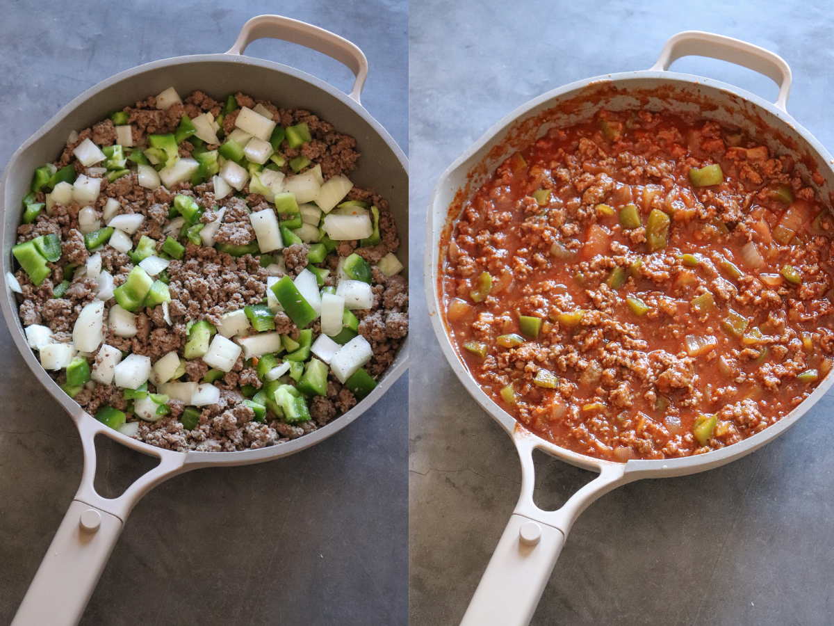image showing ground beef with diced onions and green peppers and a second image showing the completed sloppy joe misture.