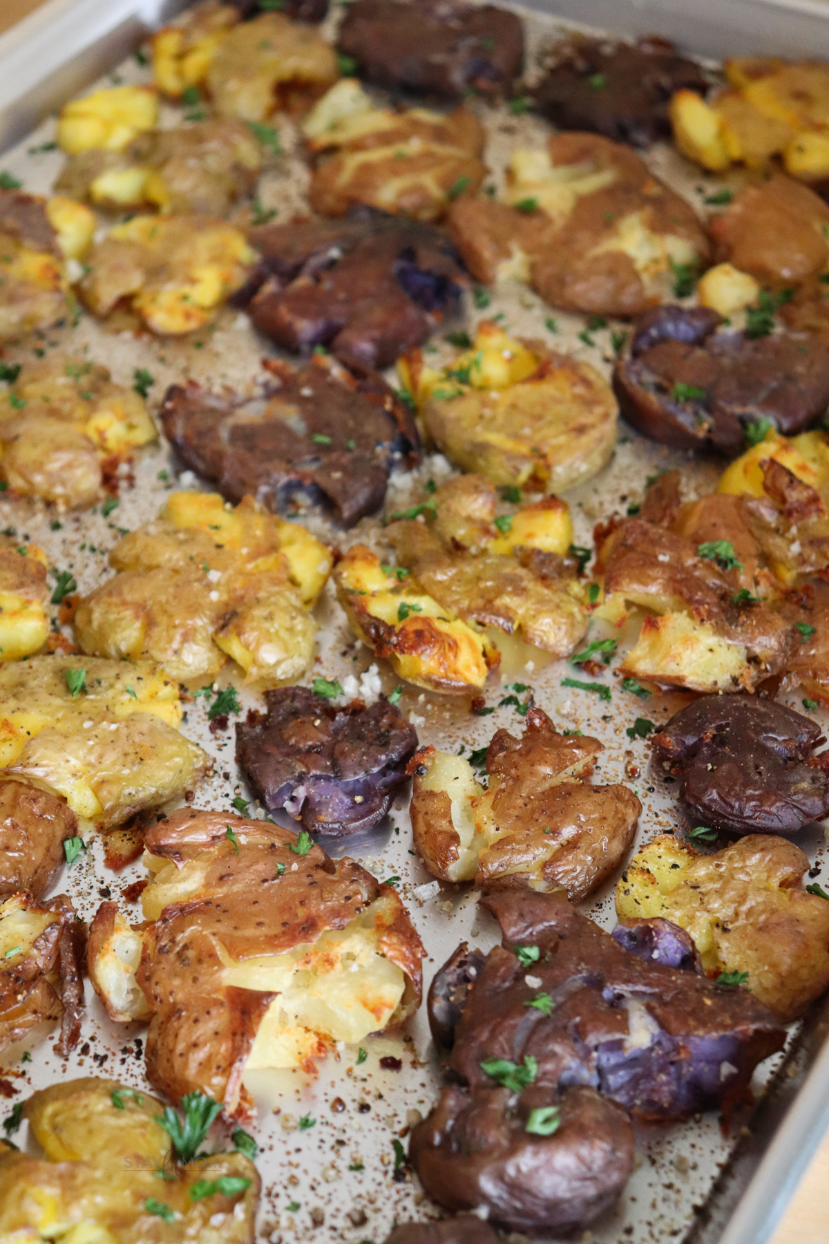 Garlic Smashed Potatoes with crispy smashed potatoes.
