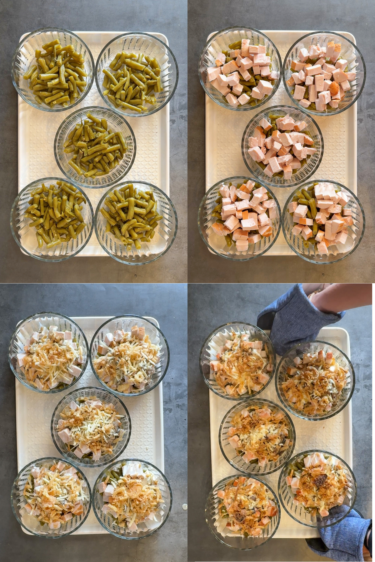 Green Bean Casseroles showing the process of building the bowls step by step.