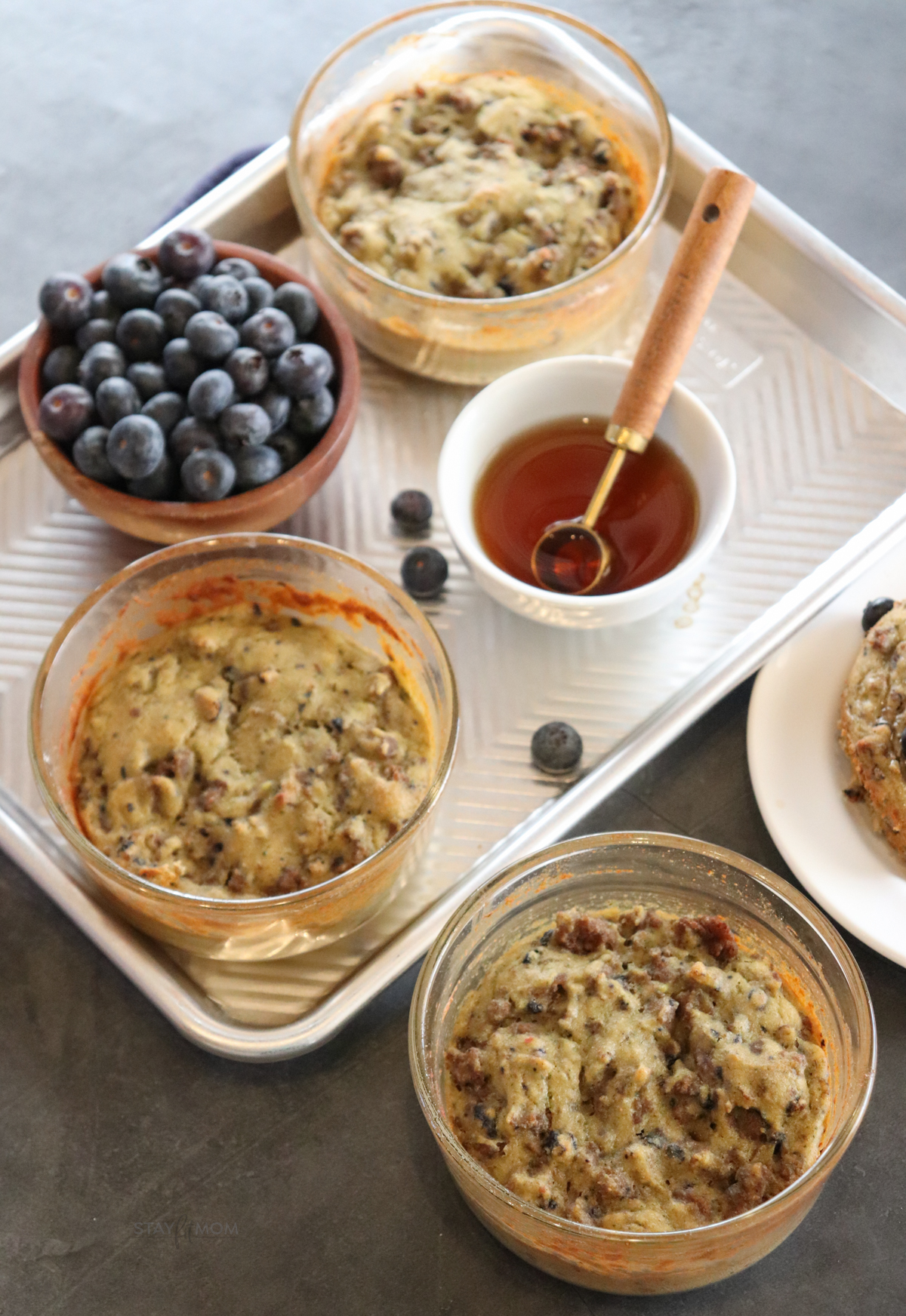 Sausage Blueberry Pancake bowls showing completed meal in glass bowls.