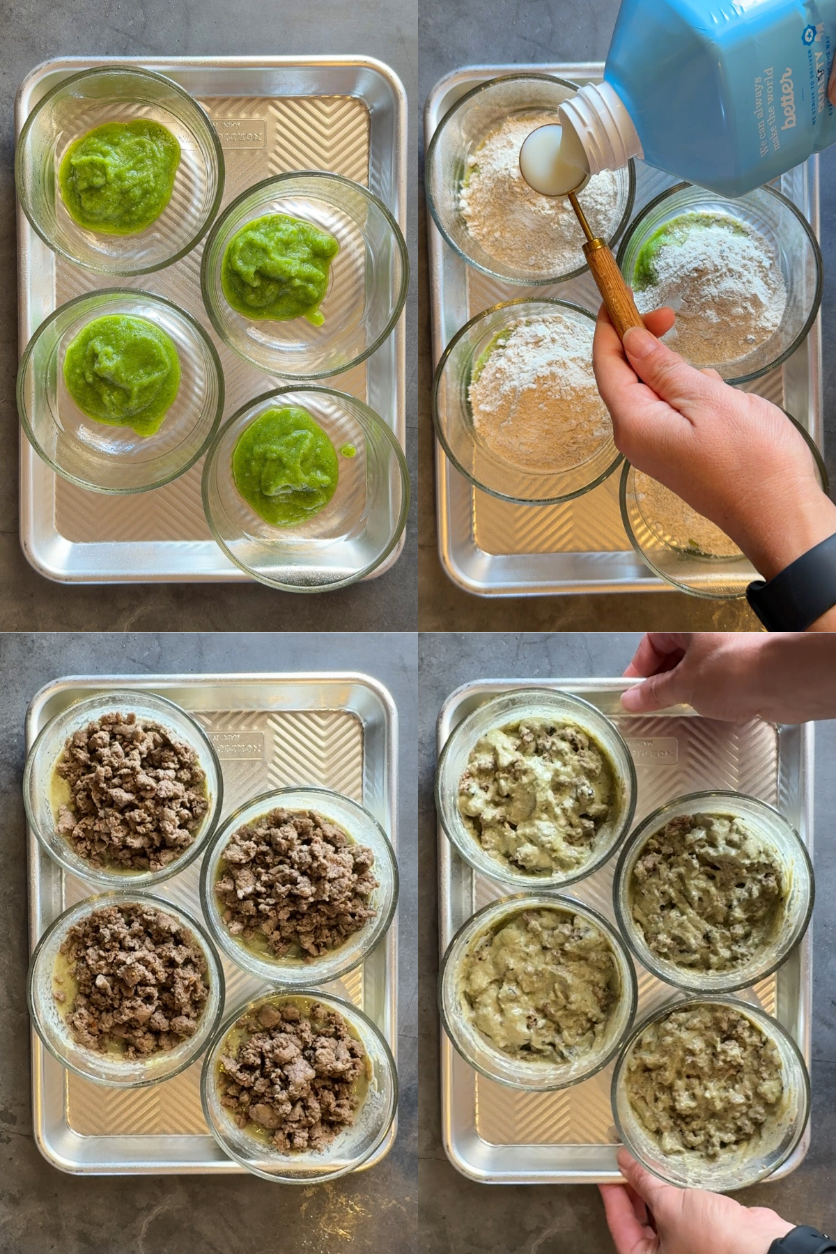 Sausage Blueberry Pancake Bowls showing step by step layering process in glass bowls.