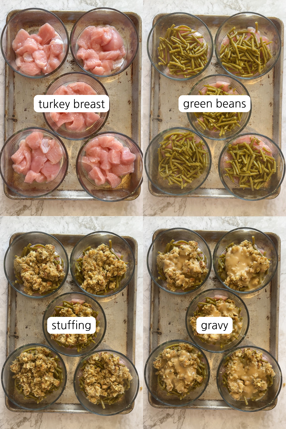 4 images showing the process of layering the Thanksgiving Bowls.