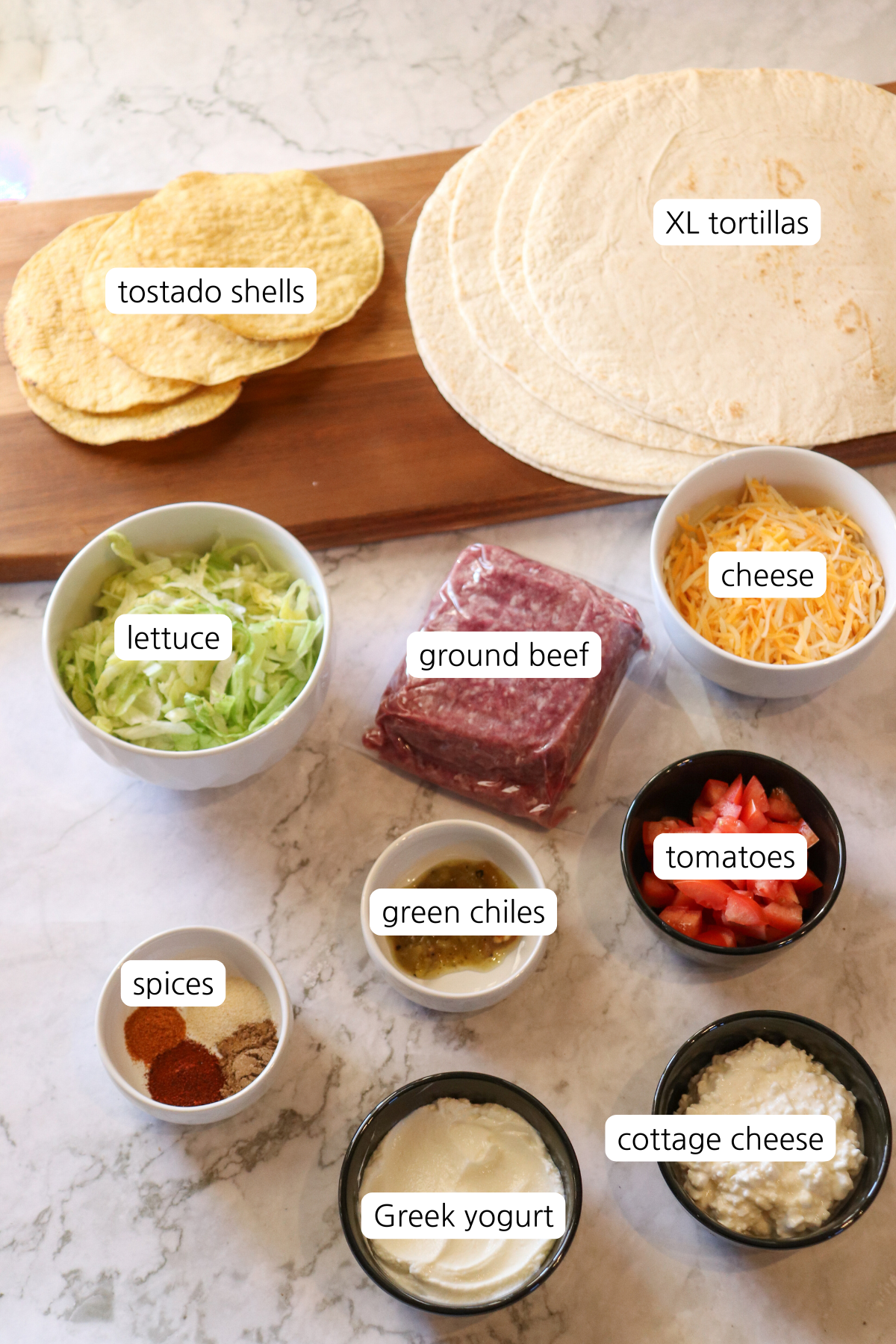 Ingredients of crunch wrap supreme.