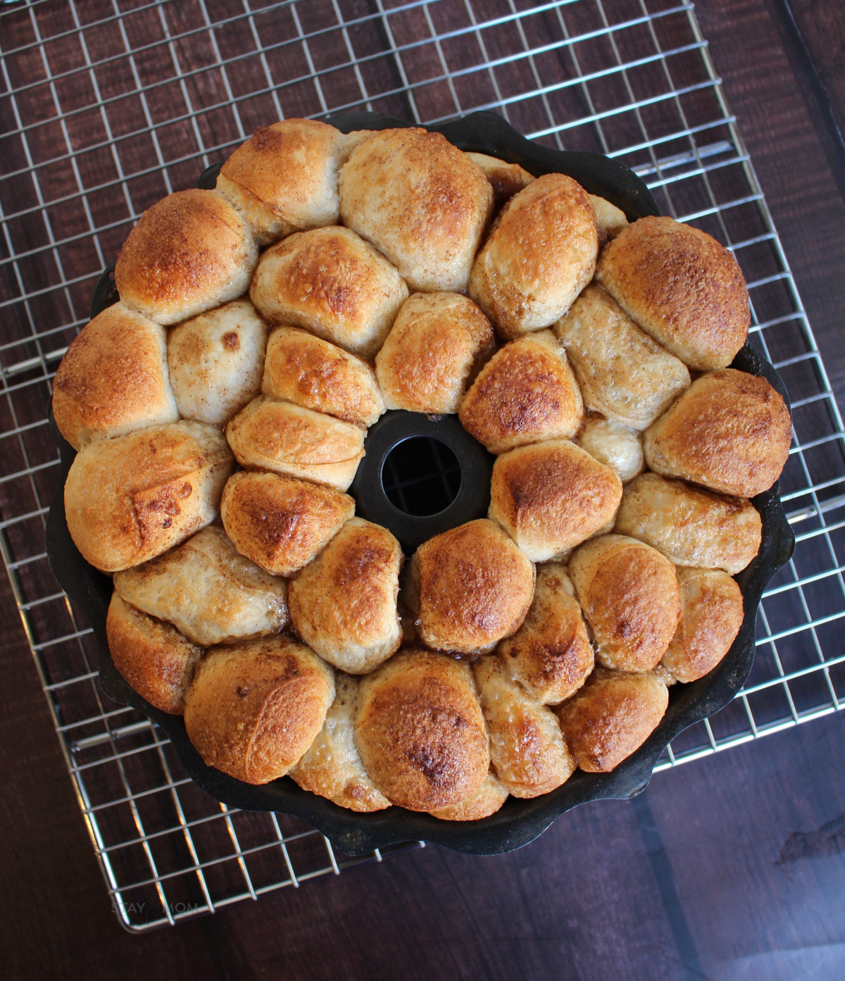 Baked monkey bread still in Bundt pan.