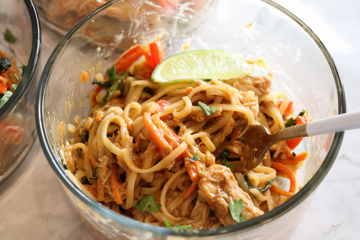 Peanut Noodle Bowls showing individual glass bowl with completed meal.