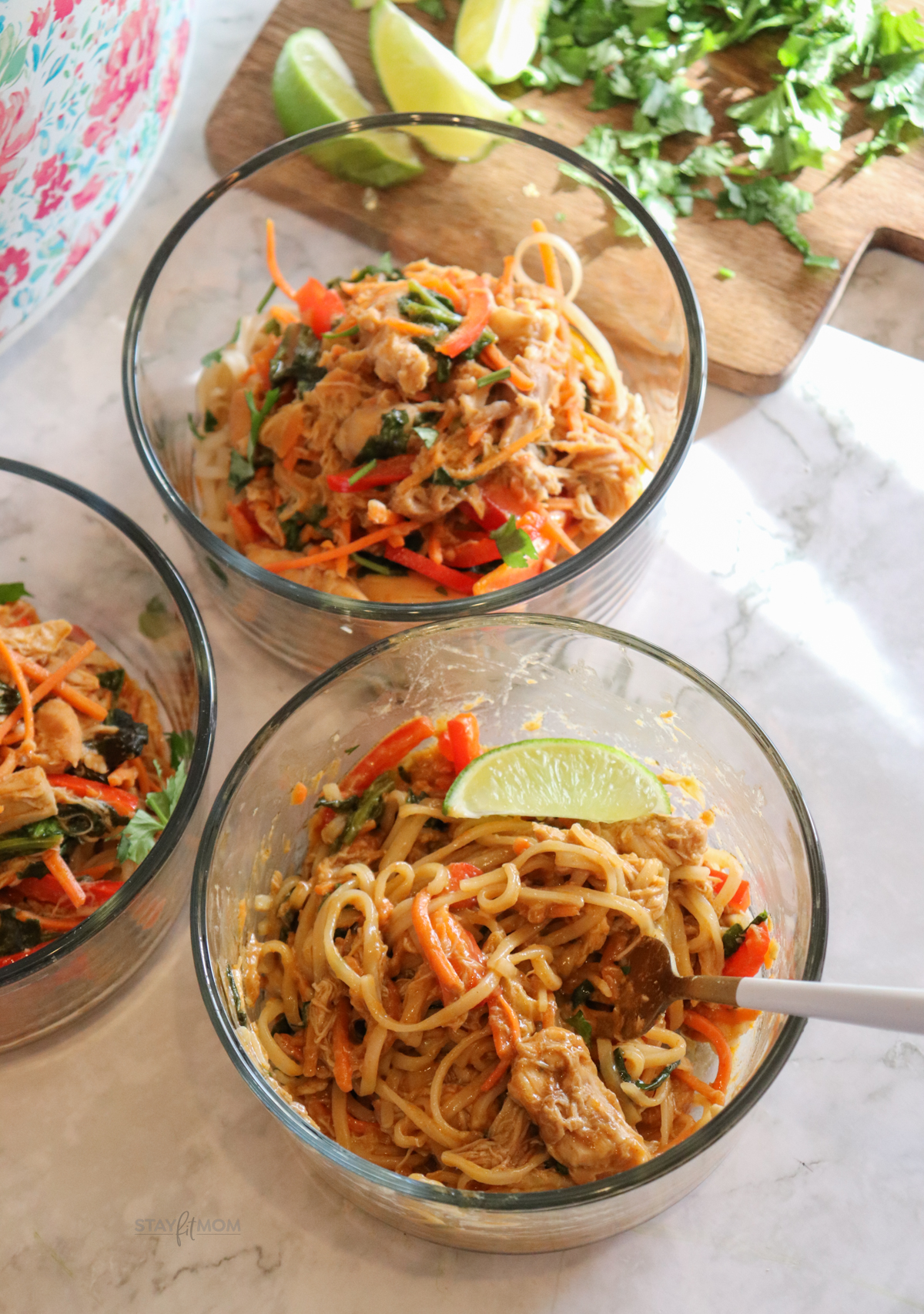 Peanut Noodle Bowls with Chicken showing meal prep bowls with noodles, chicken, sauce, and veggies.