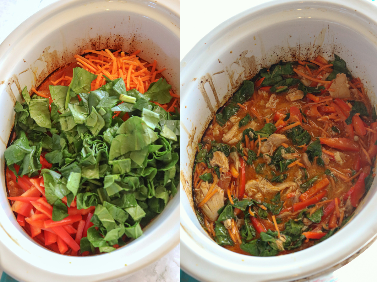 Peanut Noodle Bowls showing crock pot with fresh ingredients and another one showing cooked meal.