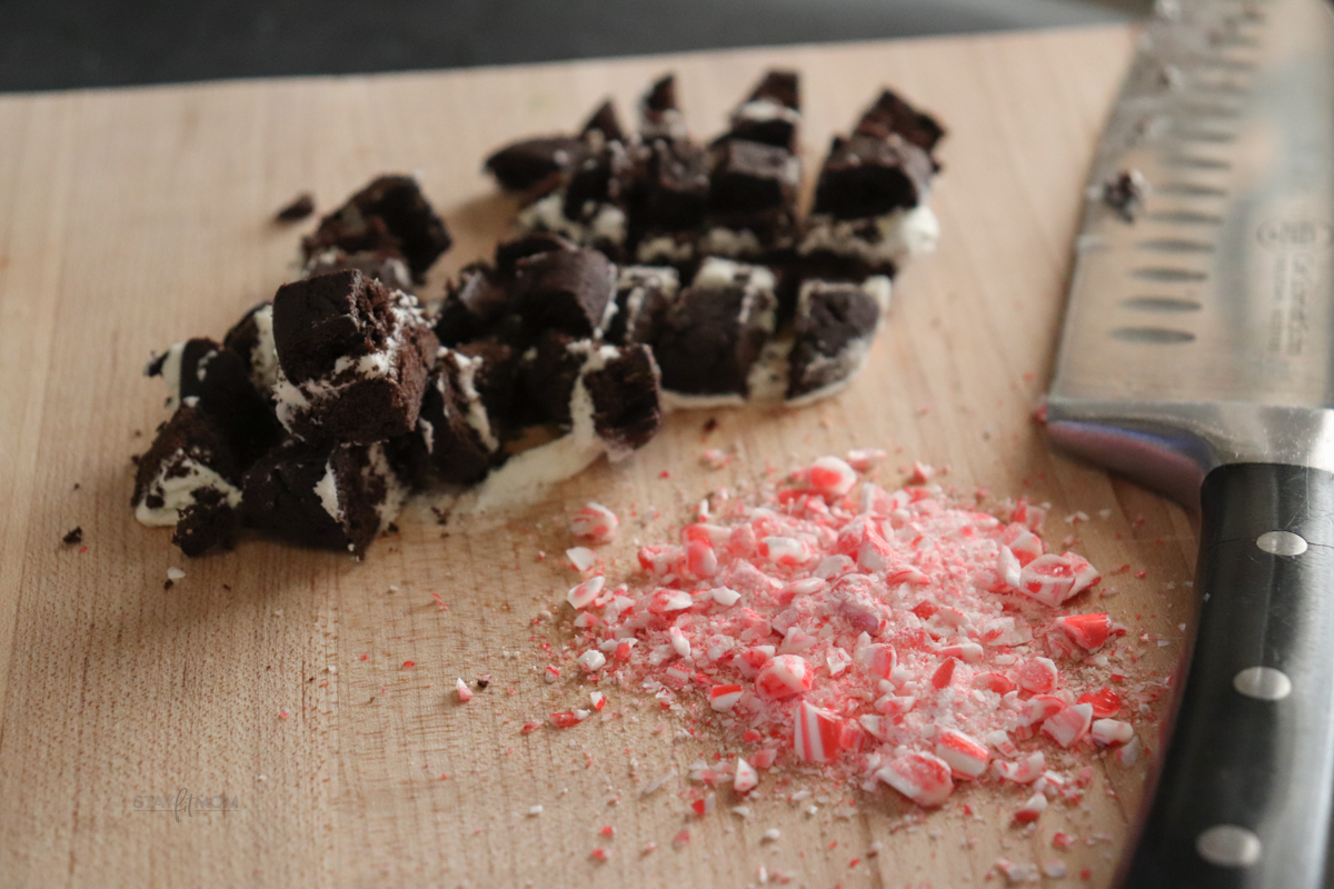 image of crushed candy cane and oreo cakester.