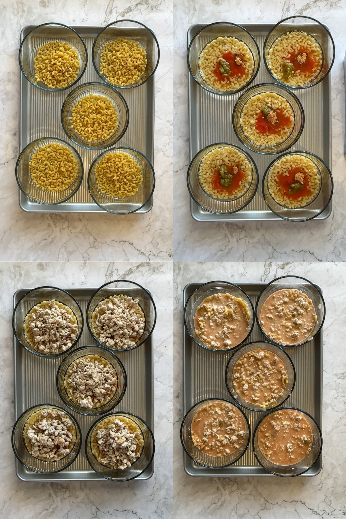 Chili Mac & Cheese Bowls showing 4 step process of adding ingredients to bowls.