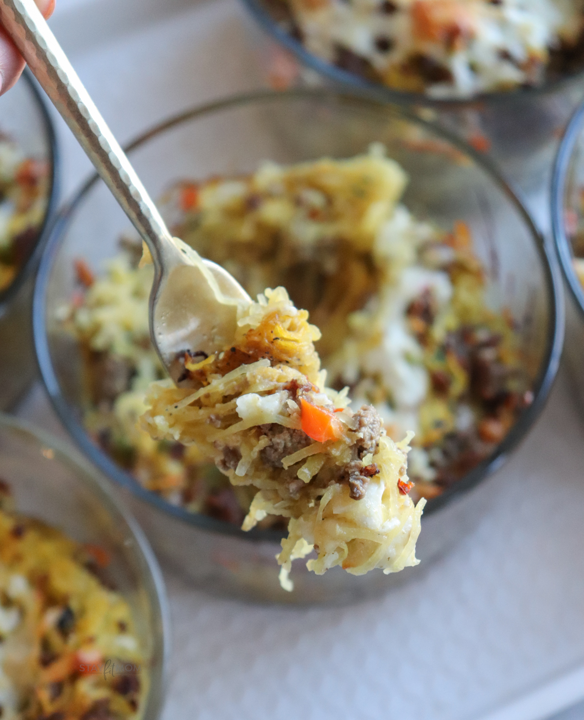 Philly Cheesesteak Spaghetti Squash Bowls showing the perfect bite.