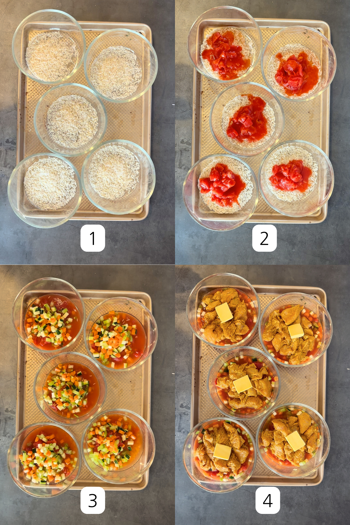 Butter chicken bakes showing 4 step process of adding ingredients to bowls.