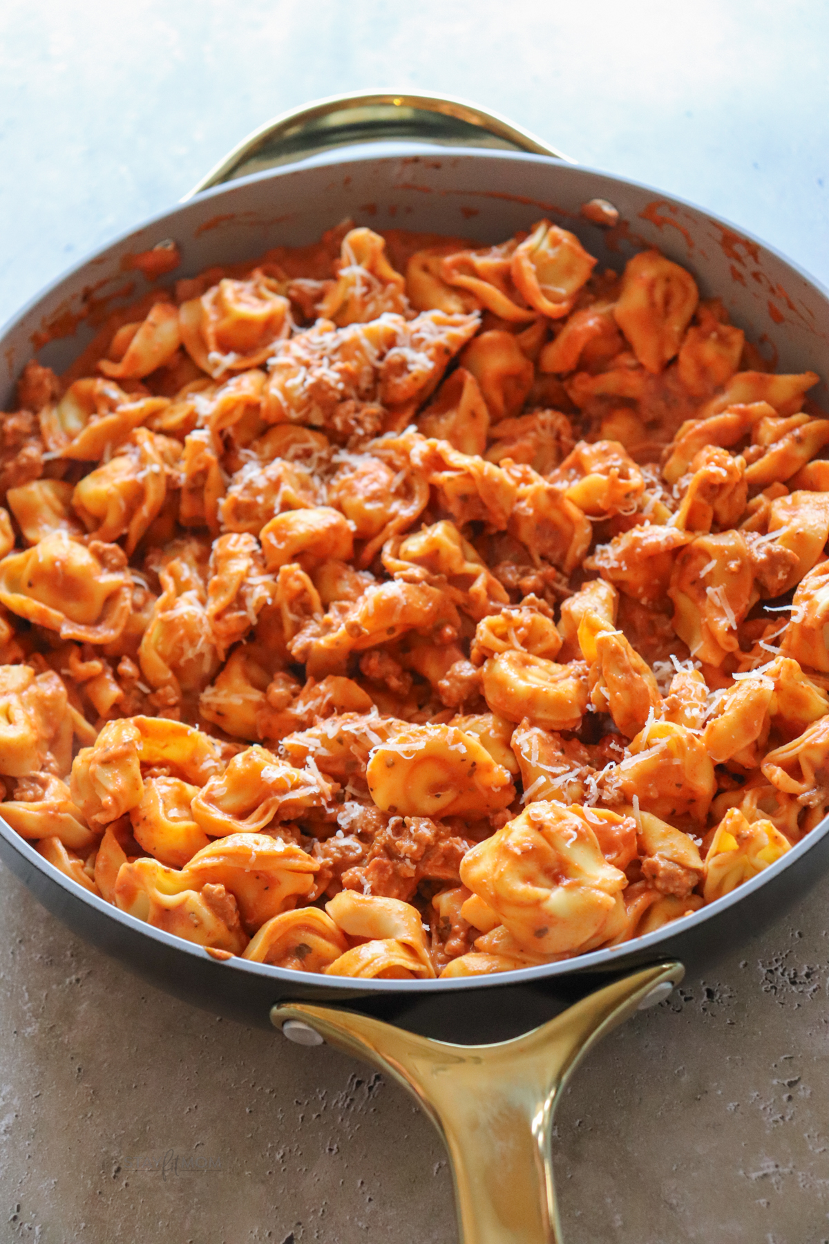 Chad's easy tortellini showing meal in pan.