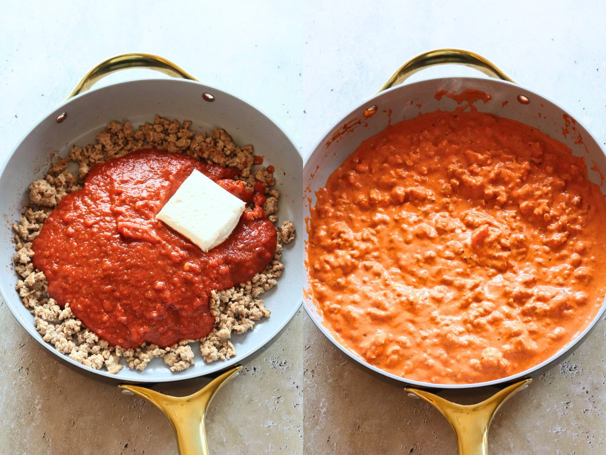 wing ground beef topped with marinara and brick of cream cheese and an image of it stirred in.