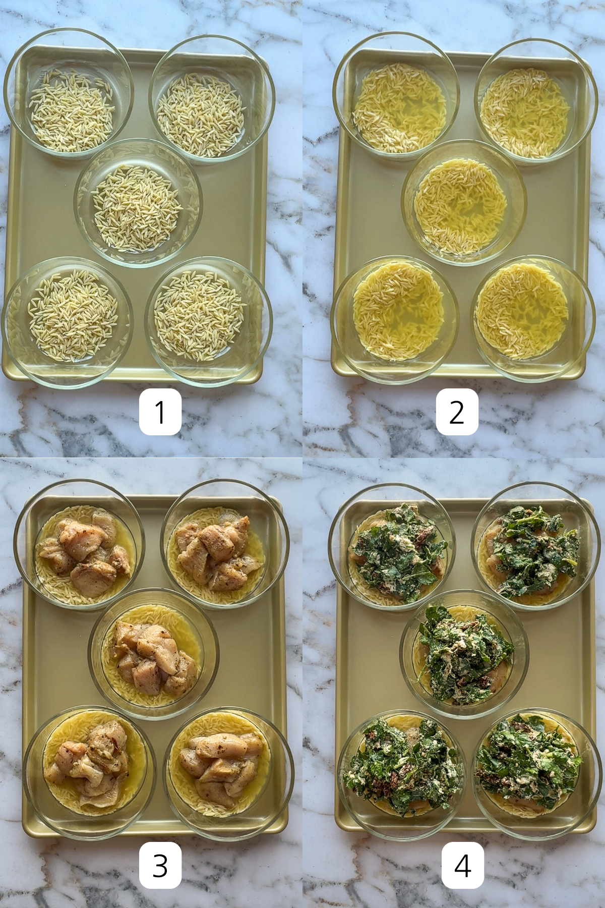 Sun Dried Chicken Orzo Easy Bakes showing steps of adding ingredients to the bowls.