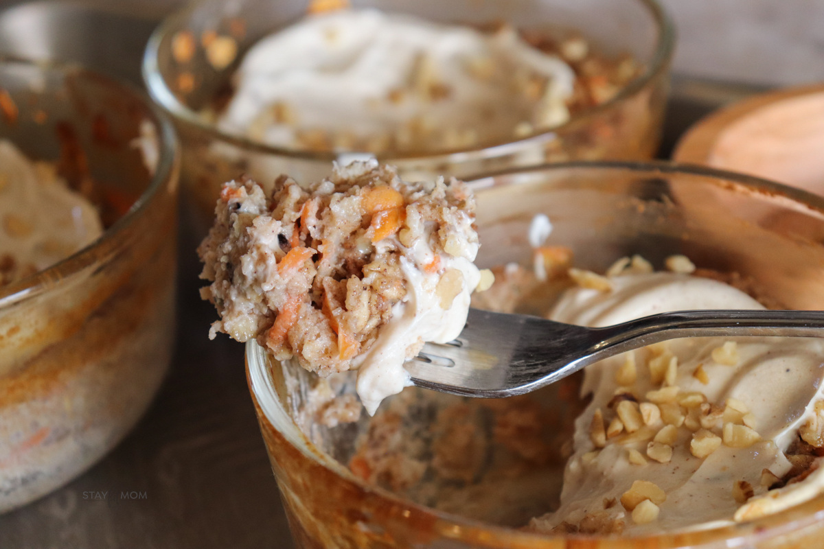 Carrot cake baked oats showing the perfect bite.