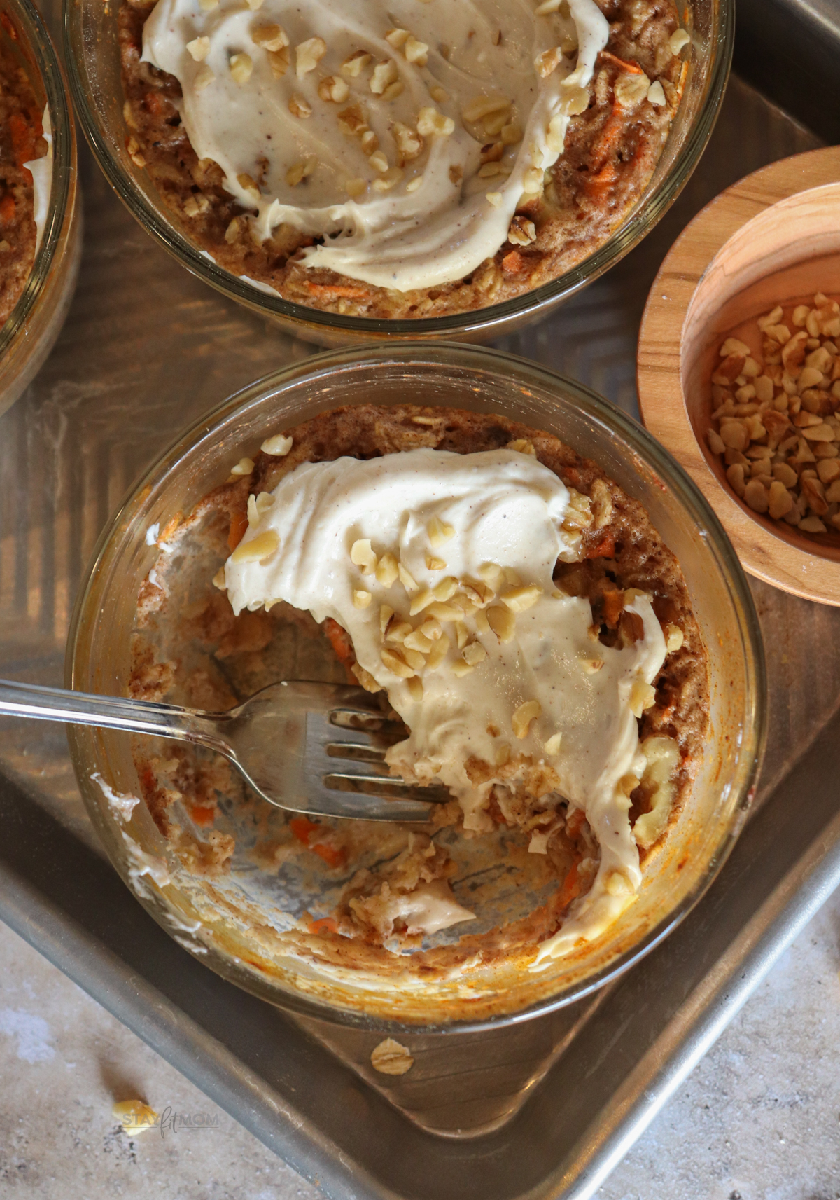 Carrot Cake baked oats showing a completed meal being eaten.