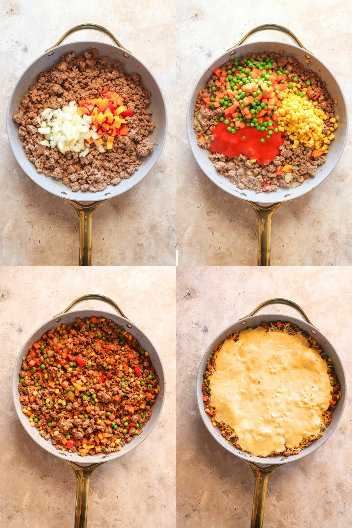 Cowboy Cornbread Casserole showing 4 step by step images of adding ingredients to the pan.