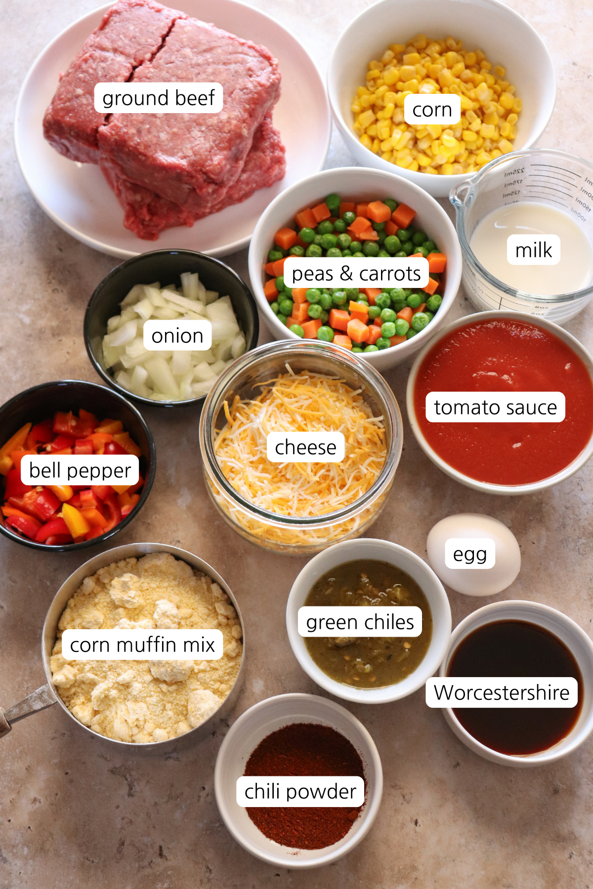 Cowboy Cornbread Casserole showing labeled ingredients.