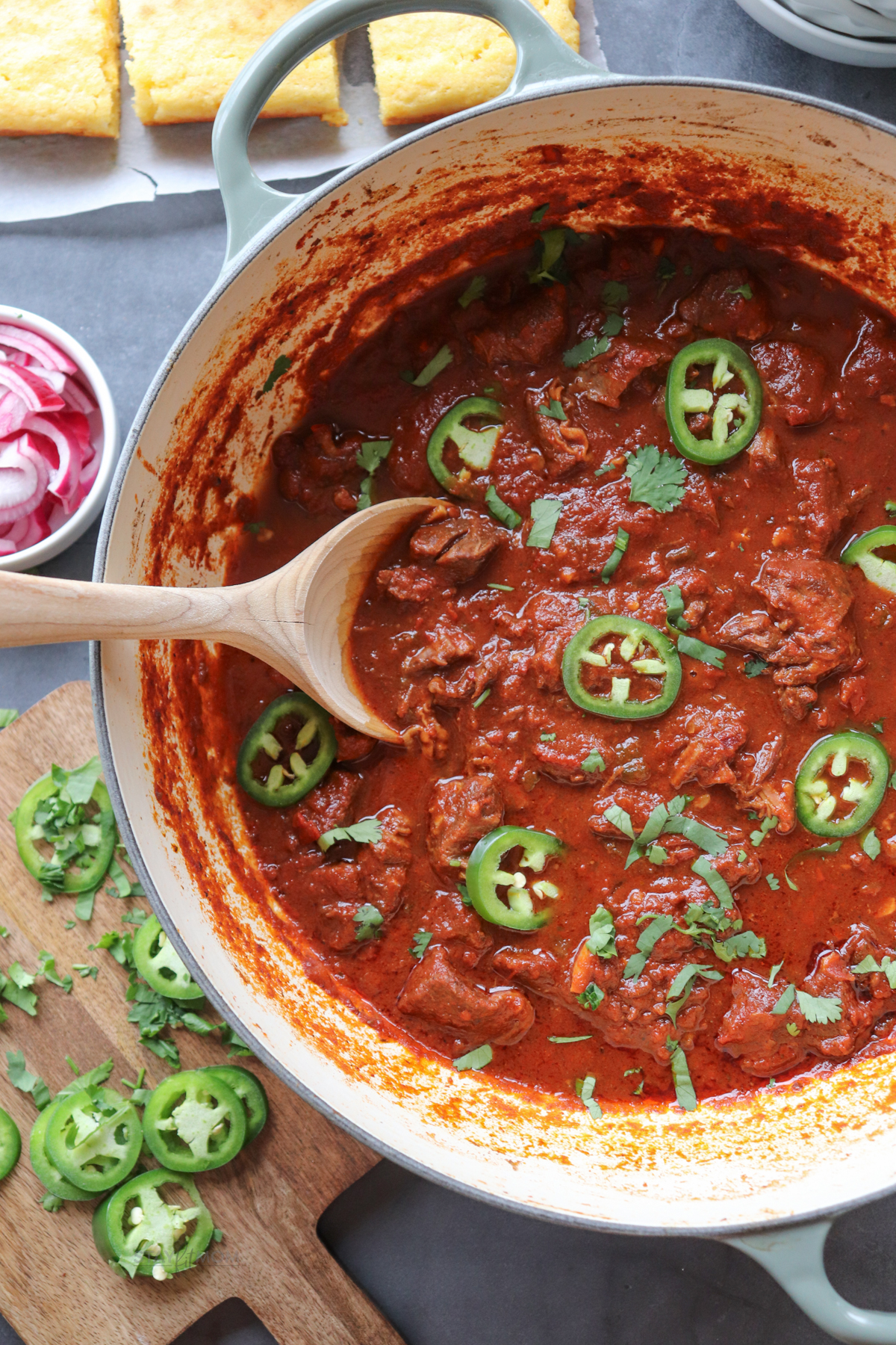 Texas chili showing a close up of completed recipe.