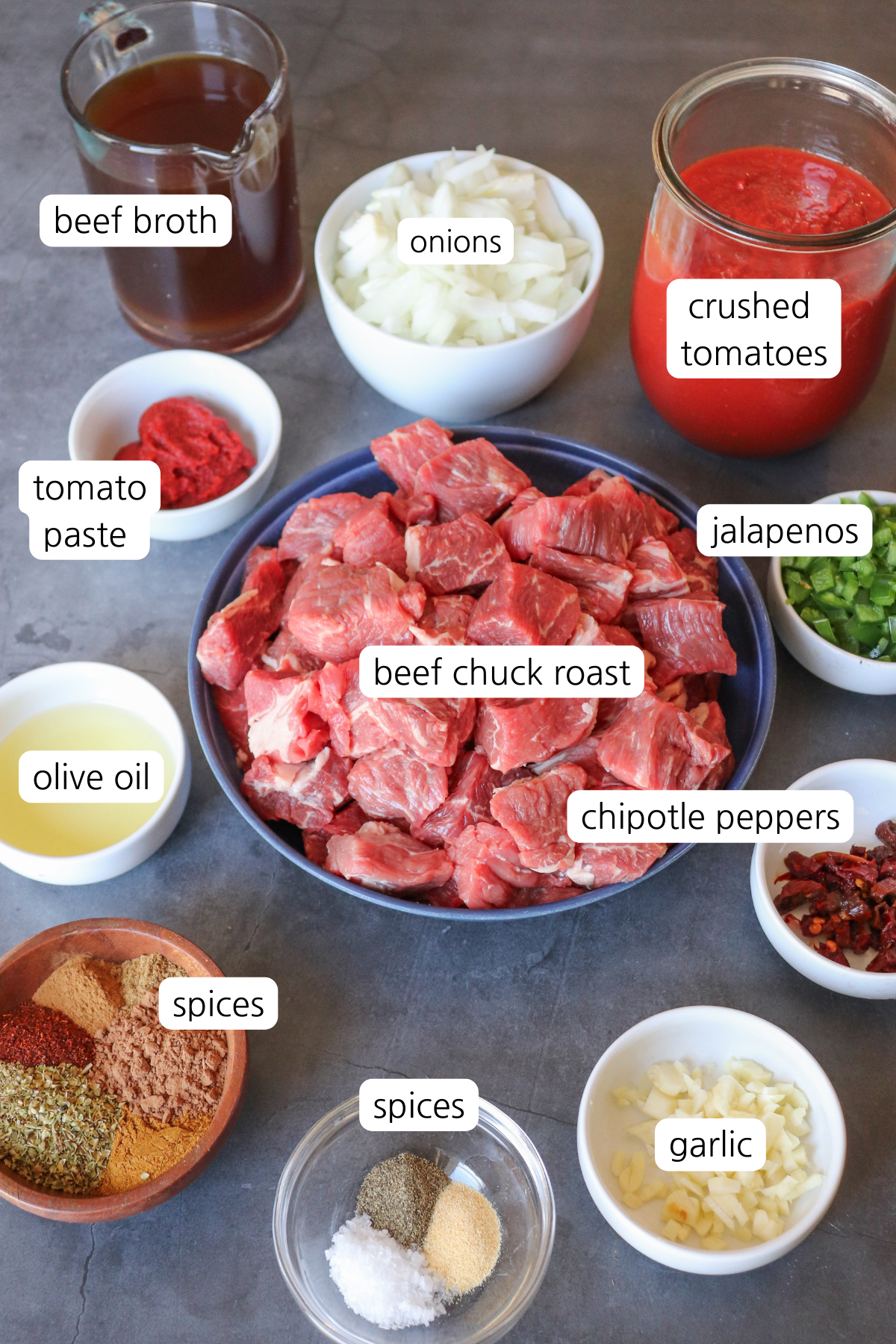 Texas Chili showing ingredients labeled in containers.