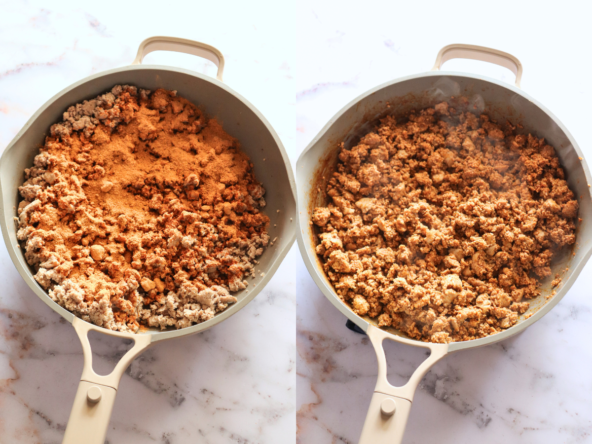 Baked Sweet Potato Bowls showing cooked ground turkey and seasoning.