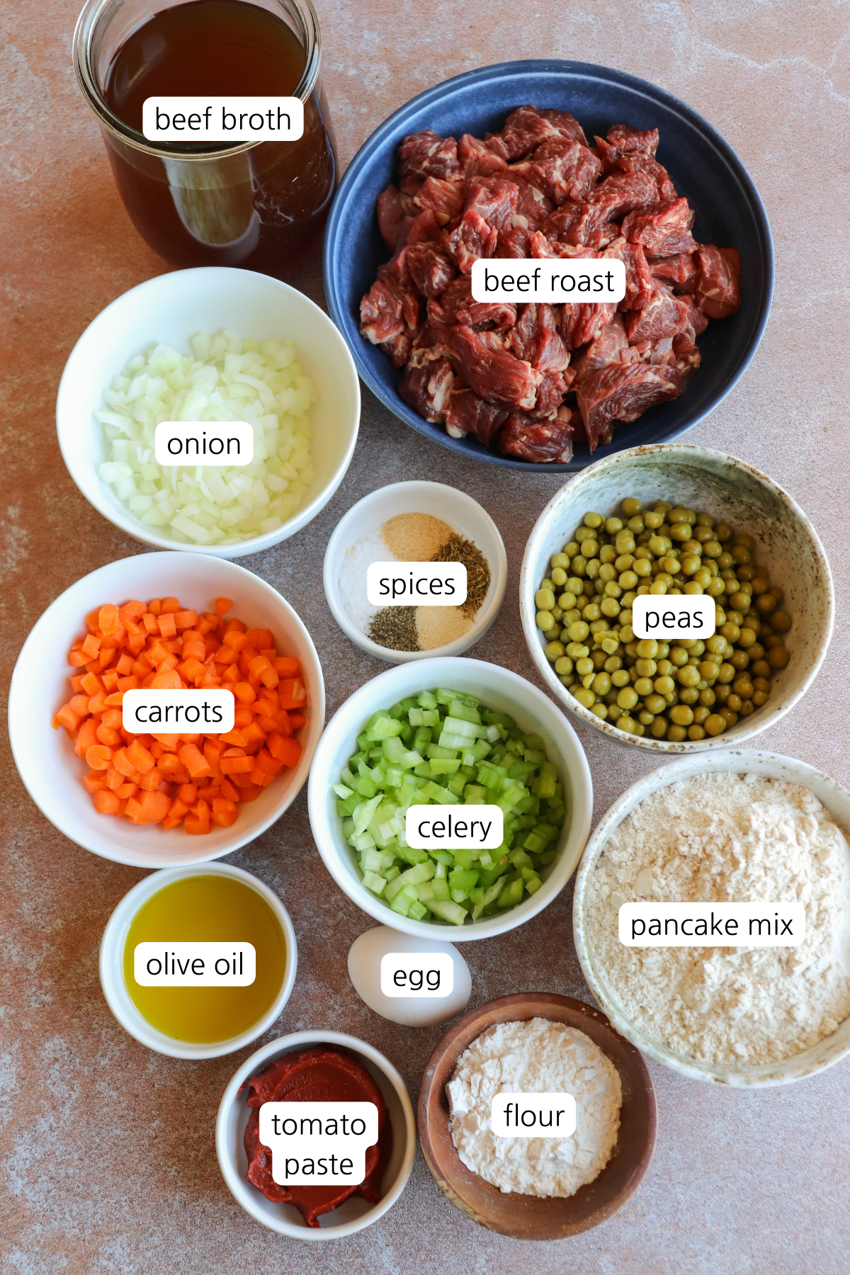 Beef Pot Pie showing ingredients labeled in small bowls.
