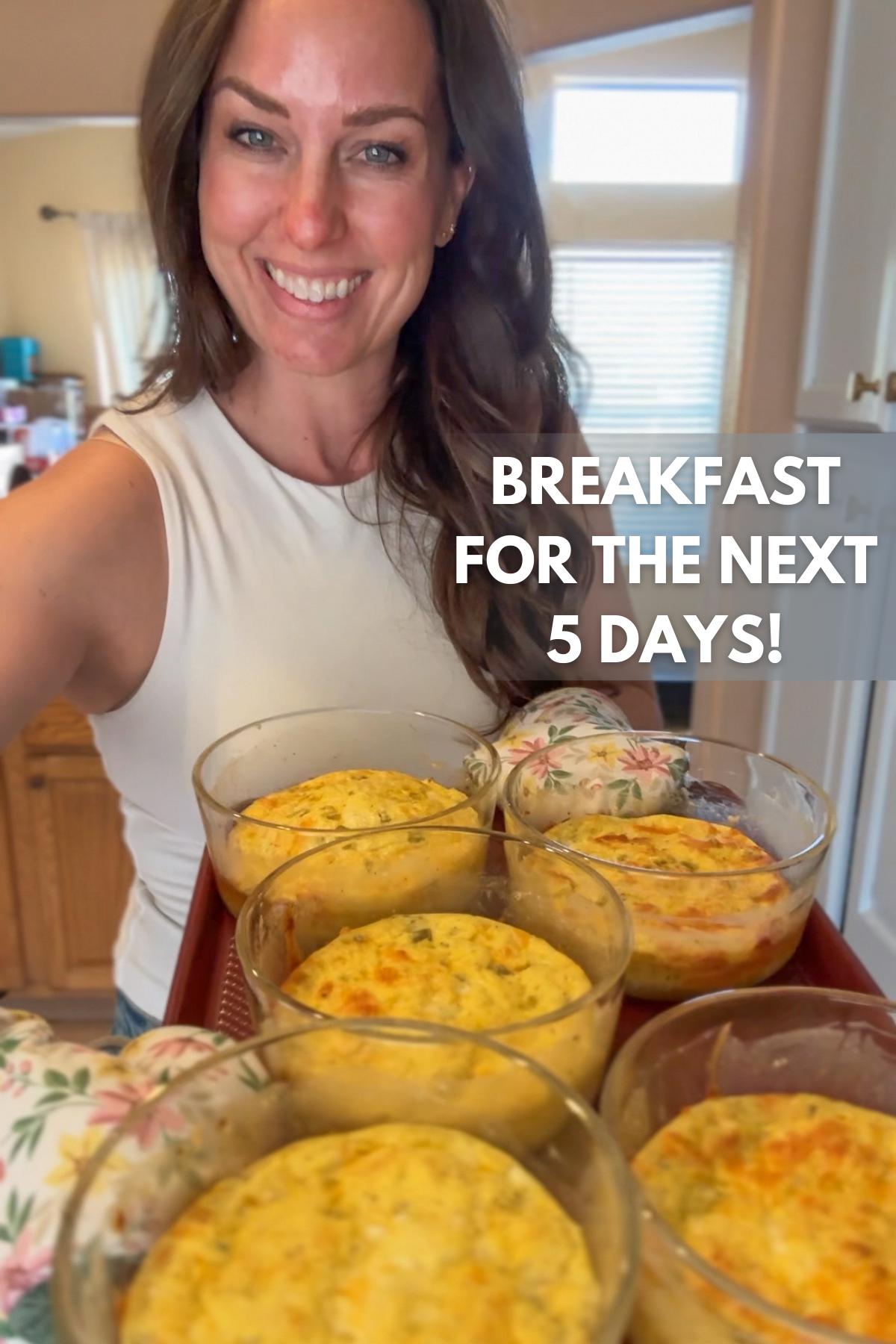 Green Chile Egg Casseroles with an image of Krista showing a cookie sheet with 5 bowls of completed recipe.