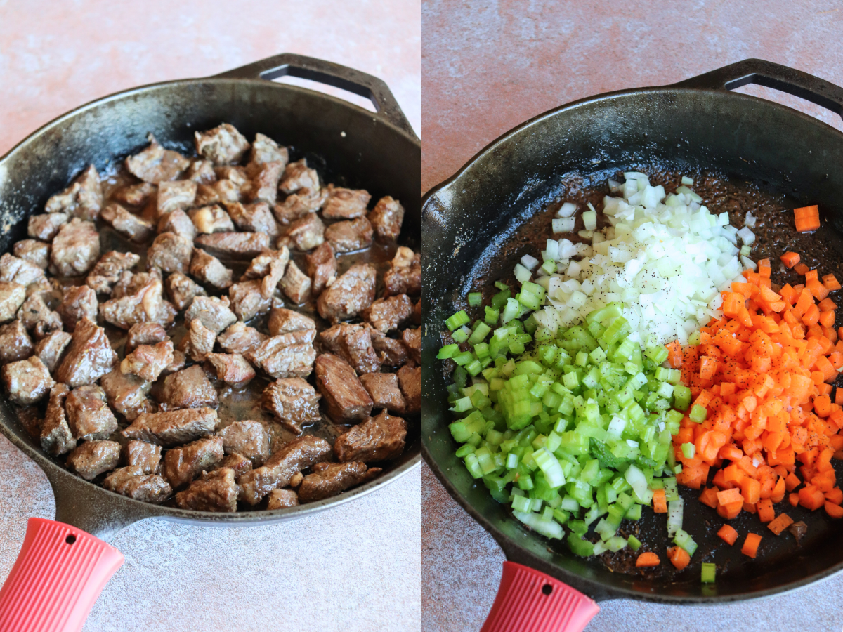 Beef Pot pie showing skillet with cooked beef and a side-by-side image with veggies ready to be sauteed.