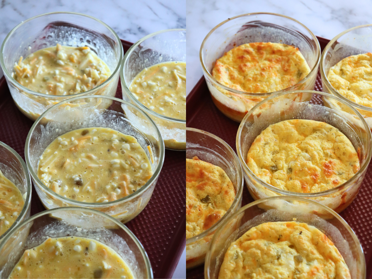Green Chile Egg Casseroles showing side-by-side image of unbaked and baked meal prep.