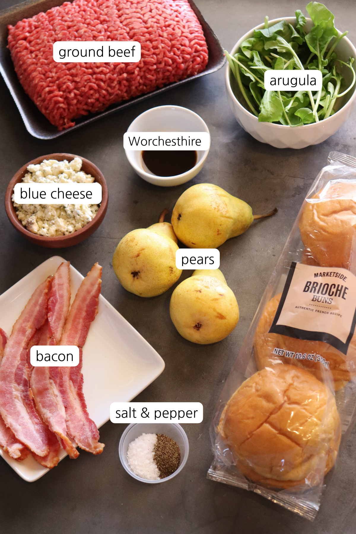 Blue cheese & Bacon burgers showing labeled ingredients.